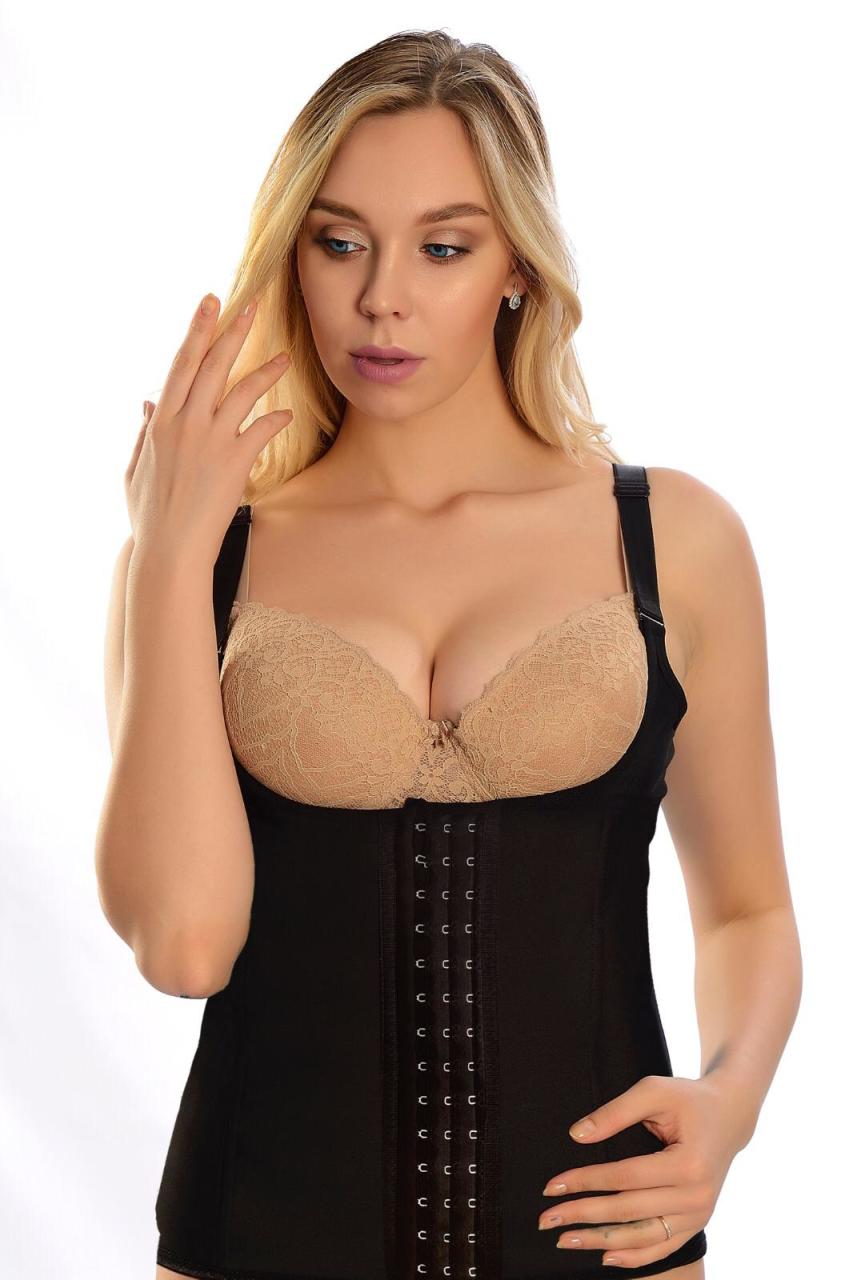 Askılı Latex Bel ve Göbek Korse Çelik Balenli 3 Agraflı Siyah Renk