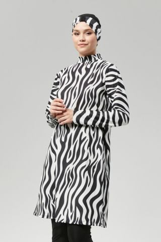 Zebra Desenli Tam Kapalı Tesettür Mayo Haşema