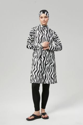 Zebra Desenli Tam Kapalı Tesettür Mayo Haşema