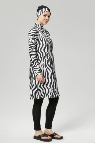 Zebra Desenli Tam Kapalı Tesettür Mayo Haşema