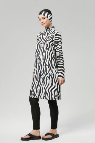 Zebra Desenli Tam Kapalı Tesettür Mayo Haşema